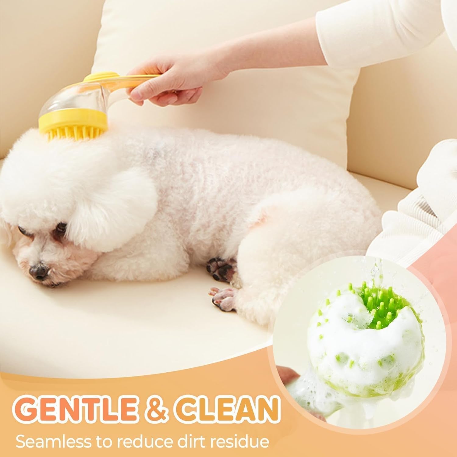 Dog Bath Brush, 2 in 1 Pet Grooming Bath Massage Brush with Soap and Shampoo Dispenser Soft Silicone Bristle Dog Scrubber for Long Short Haired Dogs Cats Shower-Yellow